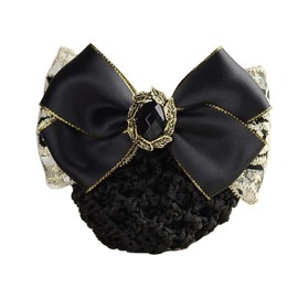 1PCS Women Girls Professional Lacrosse Flower Lace Ribbon Bowknot Rhinestone Snood Net Elastic Hair Clip Barrette Bun Maker Bow Cover Hairnet Decor Hair Accessories for Nurse Bank Worker Air Hostess (Black)