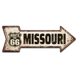 Missouri US Route 66 Arrow Tin Sign, Nostalgic Vintage Metal Wall Décor, 6 x 18 Inches