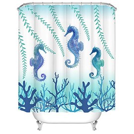 Seahorse Shower Curtain Ocean Animal Marine Plants Bath Curtain with Hooks Waterproof Polyester Fabric 72x72inch Cute Underwater Landscape Bathroom Decorative Curtains