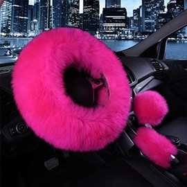 SPANICE 3 Pcs Car Steering Wheel Cover & Handbrake Cover & Gear Shift Cover Set Faux Wool Warm Winter (Rose Red)