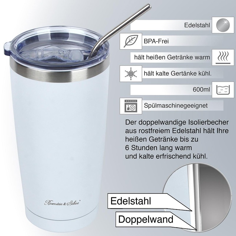 Rosenstein & Söhne Thermobecher Autos: Doppelwandiger Isolierbecher, weiß, für bis
