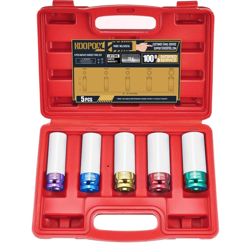 1/2" Drive 5pc Impact Lug Nut Socket Set, Metric 15-17-19-21-22