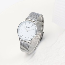BUREI Women's Watch, Analog, Quartz, Waterproof, Mesh Band, Stylish, Brand, Casual, Humanized Watch, For Work or School, Thin, Lightweight, Women's Watch, Silver, Minimalist