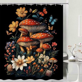 Cortina de ducha retro de hongos, estilo bohemio, estilo clásico, con diseño de plantas florales, color negro, bohemio, con 12 ganchos, decoración de baño, decoración de baño, 70 x 70 pulgadas
