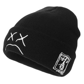 CSXYZWK Beanie Hat for Men Women, Sad Face Fashion Embroidery Caps Cuffed Skull Knit Cap Autumn Winter Warm Knitted Hip Hop Hats Black