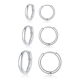 Zolkamery Hoop Earrings 925 Silver for Women, 3 Pairs 925 Sterling Silver Hoop Earrings Set, Small Sleeping Huggie Hoop Earrings Unisex Silver Hoop Earrings Set in 11 13 15 mm, Silver, No Gemstone