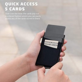 Card Holder with Money Pocket Pop Up Wallet RFID Blocking Slim Metal Bank Card Case Holds 5 Cards and Notes, Black