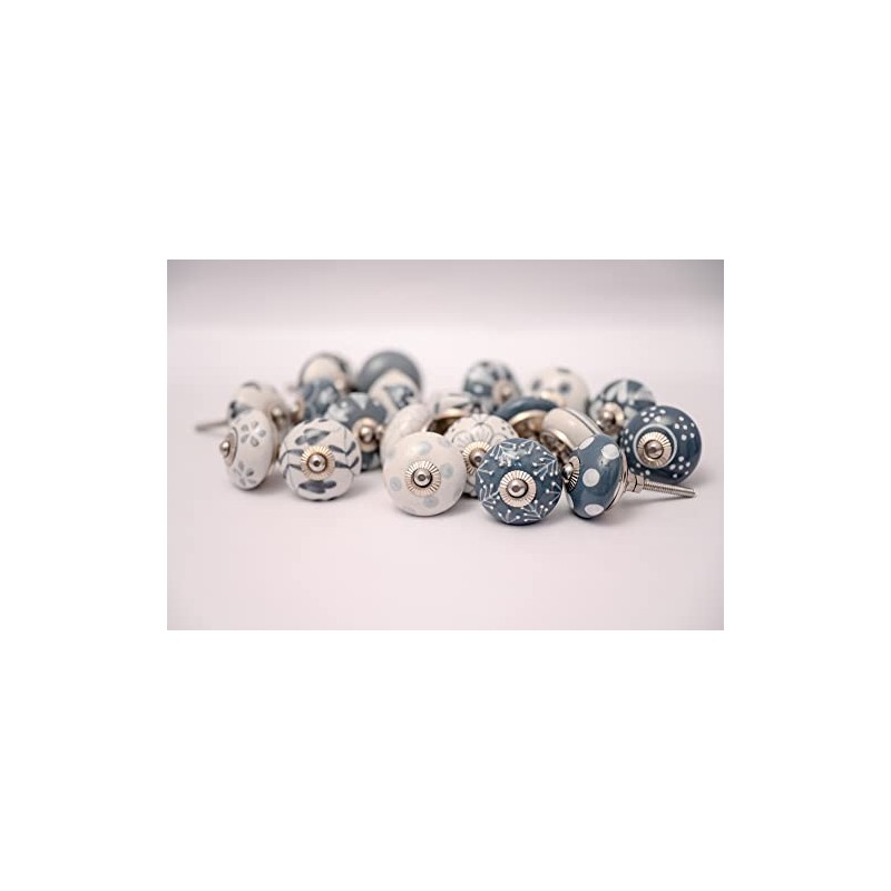 PUSHPACRAFTS Hand Painted Ceramic Cupboard Drawer Knobs 20 Pieces Grey