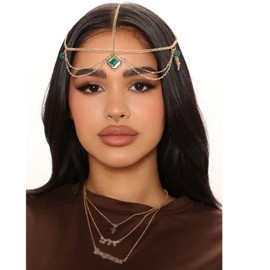 VENOFEN Head Chain Gold Headpiece Imitation Emerald Beads Forehead Jewelry for Women Boho Style Multi-Layered Chain Head Jewelry Festival Hair Decoration Accessories