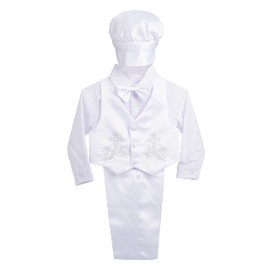 Lito Angels Christening Clothes Christening Suit for Baby Boys, 5-Piece Satin Christening White Suit Set with Christening Hood Hat, Long Sleeve, Style A - Cross + Fish + Grapes