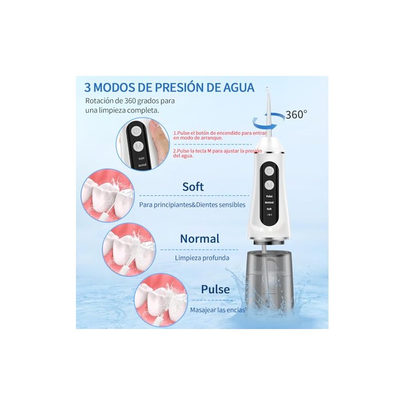 Irrigador Bucal, Irrigador Dental Portátil con 8 Boquillas y 380ML