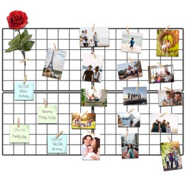 Kakivan Wire Wall Grid Panel for Photo Display, DIY Iron Picture Frames Collage For Hanging Wall Decor, Foldable Multi Pictures Organizer with 12 Clips, 28'' X 22'' Inch.(2 Pack)