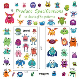 EJJUOO 80+ pcs Monster Temporary Tattoos for Kids, Monster Tattoo, Monster Tattoo Sticker For Boys Girls School Class Prizes Reward Cartoon