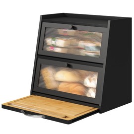 viewcare Bread Box for Kitchen Counter, Black Bread Box With Cutting Board, Bamboo Wood Large Capacity Bread Storage Bin with Acrylic Wavy Door Panel