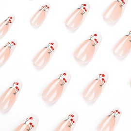 24 Pcs Press on Nails Short Almond - CEWEWP Winter Almond Fake Nails Press ons White French Nail Tips with Cherry Design Full Cover False Nails Glue on Nails Artificial Acrylic Nail Art Kit