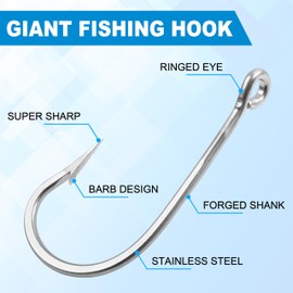 Tuna Shark Fishing Hooks 10pcs/lot Stainless Steel Big Game Sharp Fish Hook Round Bend Ringed Eye Saltwater 7691 Tuna Bait Fishhooks (13/0-10pcs)