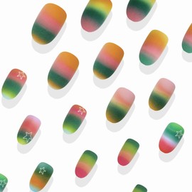 BABALAL Press on Nails Short Almond Fake Nails Colorful Rainbow Glue on Nails with Star Y2k Acrylic Nails Summer False Nails 24Pcs Matte Stick Nails Stiletto Artificial Nails for Women Girls