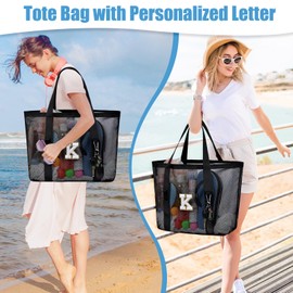 Nidoul Mesh Beach Bag Large Initial Tote Bags Reusable Grocery Bags Foldable for Women Travel Pool Swim Toy Travel Essentials K