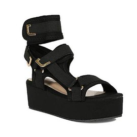 PAZZLE Mia Women's Strappy Elastane Harness Chunky Platform Wedge Heel (10, Black)