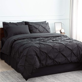 Bedsure Black Comforter Set Queen - Bed in a Bag Queen 7 Pieces, Pintuck Bedding Sets Black Bed Set with Comforter, Sheets, Pillowcases & Shams