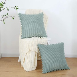 sykting Grey Blue Pillow Covers 20x20 inch Soft Striped Boho Farmhouse Decorative Throw Pillow Covers with Pom Poms for Couch Sofa Bed Chair Outdoor Pack of 2