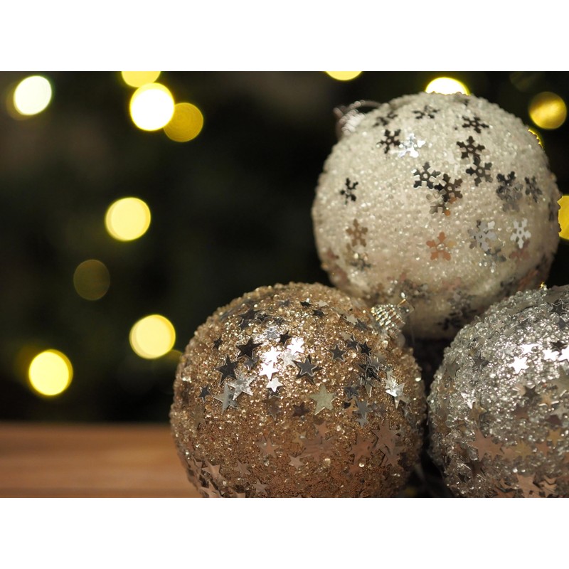 Sequin Christmas Tree Baubles - White Silver Champagne - Set