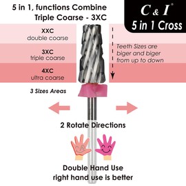 C & I 5 in 1 Multi-Function Tapered Shape Nail Drill, Cross Teeth Edition, Professional Drill Bit for Nail Manicure Machine (Triple Coarse - 3XC)