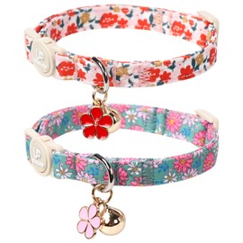 UP URARA PUP Cat Collar,2Pack Summer Cat Collars Cute Breakaway,Spring Green Leaf Flower Kitten Collar with Bell, Kitty Collars with Safety Buckle for Girl & Boy Cats