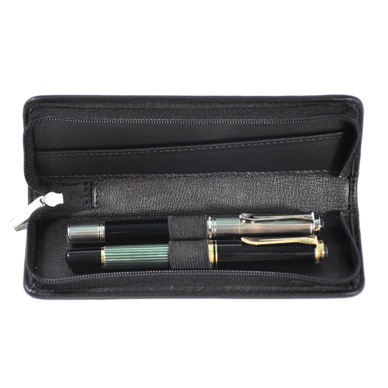 Leather pen case for 2 writing instruments with zip Hans