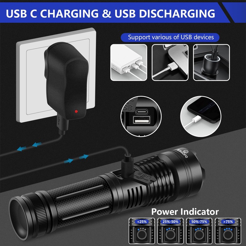 Esgofo Flashlights High Lumens 10000 Rechargeable, Super Bright Handheld LED