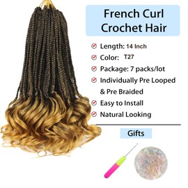 French Curl Braiding Hair t1B/27 Crochet Braids 14 Inch Goddess Box Braids Crochet Hair Braiding Hair French Curl Crochet Braids with Curly Ends Spanish Curly Braiding Hair Extensions(7 Packs,1b/27)