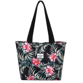 HAWEE Tote Bag with Zipper for Women Inside Mesh Pocket Heavy Duty Casual Anti-water Cloth Travel Shoulder Handbag, Hibiscus Magenta