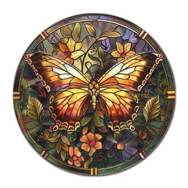 Lygond Metal Sign Tin Sign Circular Stained Glass Butterfly Funny Bathroom Decor for Garage 8×8 Inches