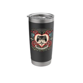 Gamer Heartbeat Tattoo Retro Roses Gaming Console Stainless Steel Insulated Tumbler