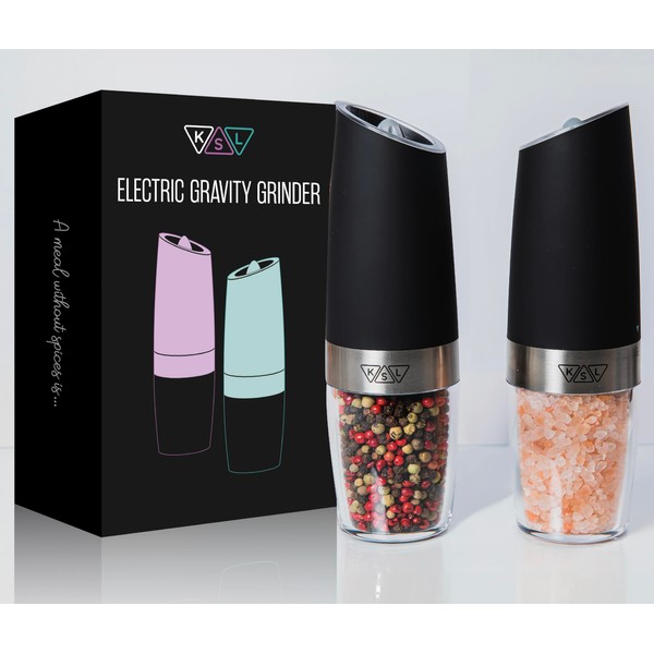 KSL Gravity Electric Salt and Pepper Grinder Set - Christmas Gift Idea - Adjustable Motorized Electrical Powered Auto Shakers Holiday kit - Automatic Power Mill - Automated Battery Electronic Crusher