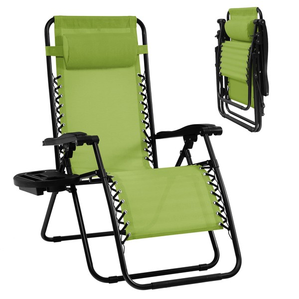 Goplus Zero Gravity Chair, Adjustable Folding Reclining Lounge Chair with Pillow and Cup Holder, Patio Lawn Recliner for Outdoor Pool Camp Yard (1, Green)