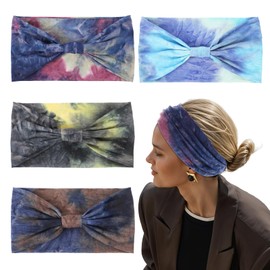GEEHUA 4Pcs Wide Headbands, Elastic Knotted Headbands Tie Dye Twisted Headwraps for Women Yoga Running Workout
