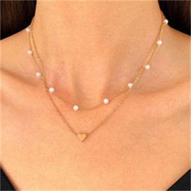 Layered Heart Pearl Necklace Minimalist Gold Silver Plated Dainty Simple Small Love Hearts Tiny Double Chain Necklace for Women Valentines Day Wedding Birthday Christmas Party Trendy Jewelry Gifts,