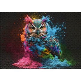 Ulmer Puzzleschmiede - Puzzle „Bunter Nachtvogel“ - Eulen-Portrait mit knalliger Farb-Explosion als 1000 Teile Puzzle - Motiv Eule aus der Puzzle-Kollektion Farben & Fantasy, Made in Germany