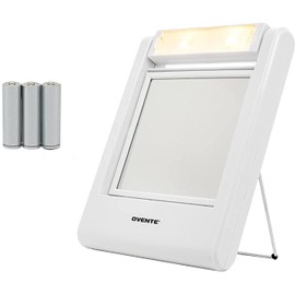 Ovente Square Makeup Mirror 5.5 Inch 1X 5X Magnification Glass LED Lighted 360 Degree Hand Held Double Sided Spinning Battery Operated Personal Compact Beauty Shaving Stand Plastic Travel White MLT22W