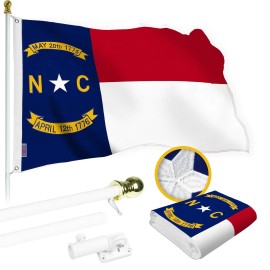 UD_G128 Combo Pack: 5 Ft Tangle Free Spinning Flagpole (White) & North Carolina Flag 2.5x4 Ft Embroidered 220GSM Spun Polyester,