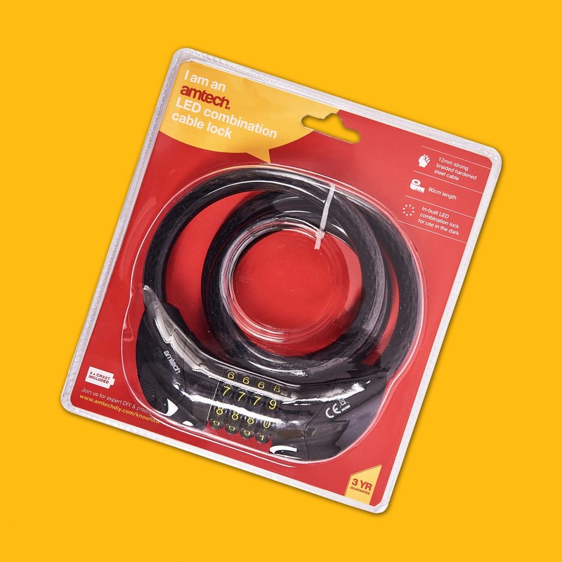 Amtech 900mm x 12mm Security Cable Lock with Built-in LED