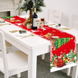 Christmas Table Runner, Santa Claus Christmas Decorations Linen Table Runner Red Merry Xmas Table Runner Party Decor Winter Holiday Kitchen Dining Table Decoration for Indoor Home Party Decor
