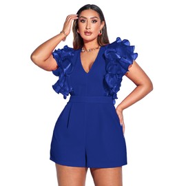 WDIRARA - Mameluco corto de malla para mujer, cuello en V, plisado, con mangas y volantes, Azul, 3G Grande