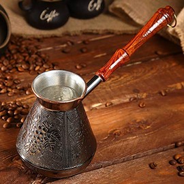 AEVVV Copper Turka Coffee Maker 17 oz - Turkish Cezve Coffee Pot Copper 500 ml - Grapes Ornament Engraved Coffee Ibrik - Mini Saucepan with Spout and Wooden Handle