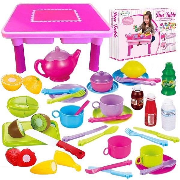 Toddler Folding Storage Table with Tea Set, Toy Dishes, and Play Food | 4-Set Plates, Cups & Utensils | Cutting Play Fruits & Knife | Kids Pretend Kitchen Accessories Cookware - Gift for Toddler Girls