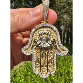 Harlembling Real 14k Gold & 925 Sterling Silver Hamsa Evil Eye Hand Iced MOISSANITE Pendant - Medium