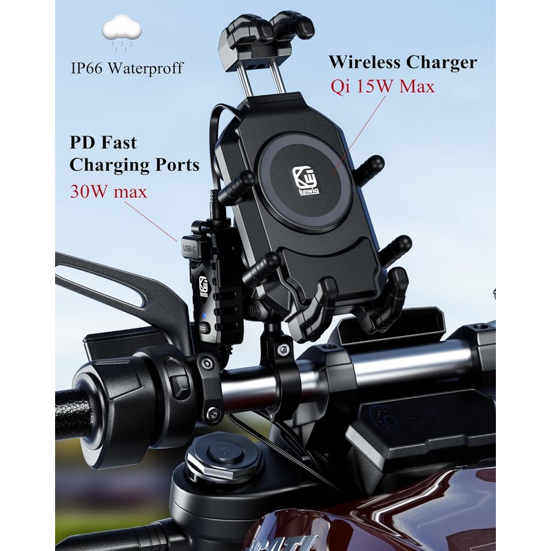 BRCOVAN Motorcycle Phone Mount with Qi Wireless & USB-C Charger