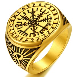 ChainsProMax Gold Rings for Men Size 9 Vintage Nautical Compass Ring Wedding Band Thick Gold Vegvisir Ring Mens Biker Rings