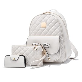 NICOLE & DORIS Backpack Women's Small Backpack and Handbag 3-Piece Set Backpack for Girls Cute PU Leather Daypack City Backpack School Bag Waterproof Travel Backpack, White, Contemporary